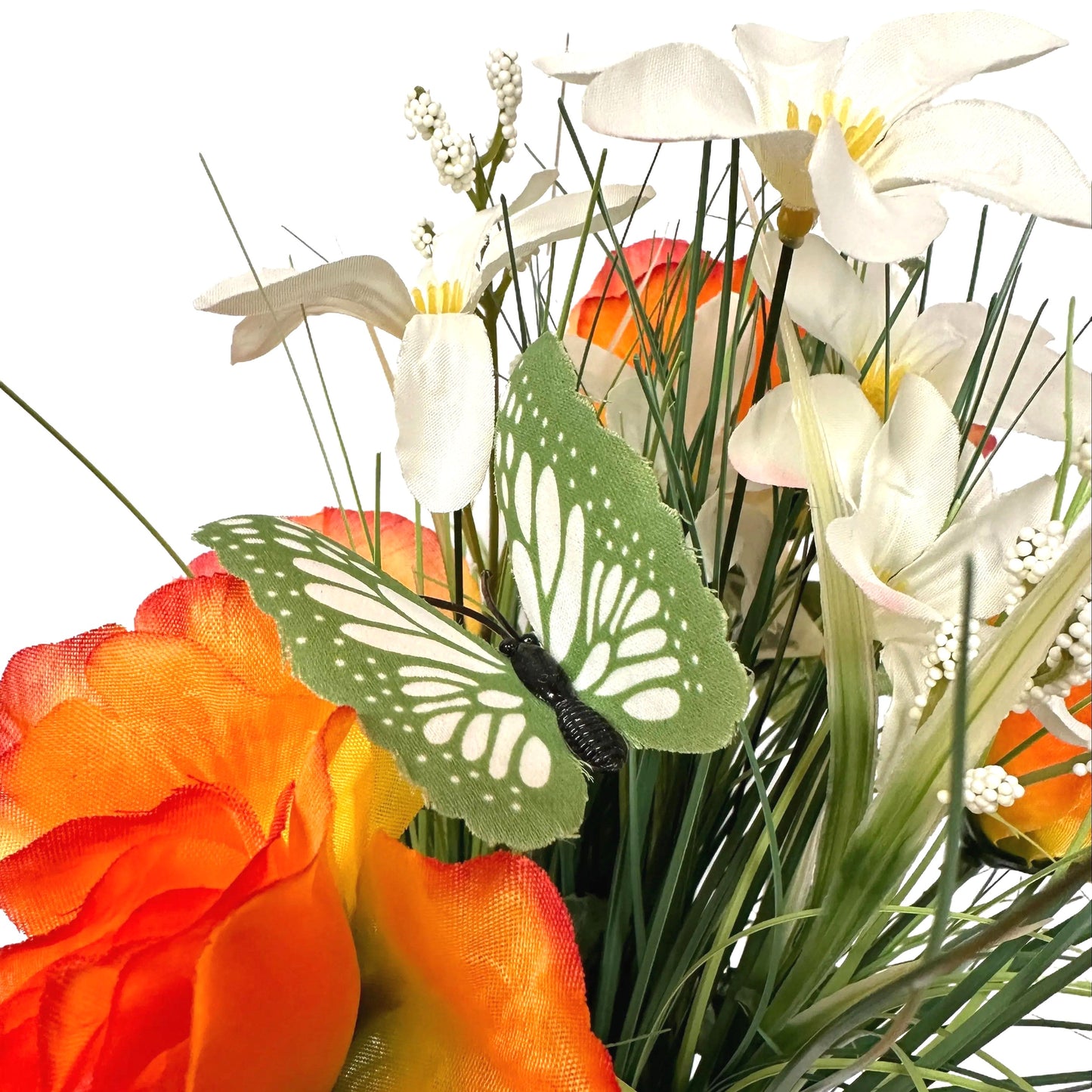 Artificial Grass, Orange Rose and Wild Flower Arrangement with Butterflies