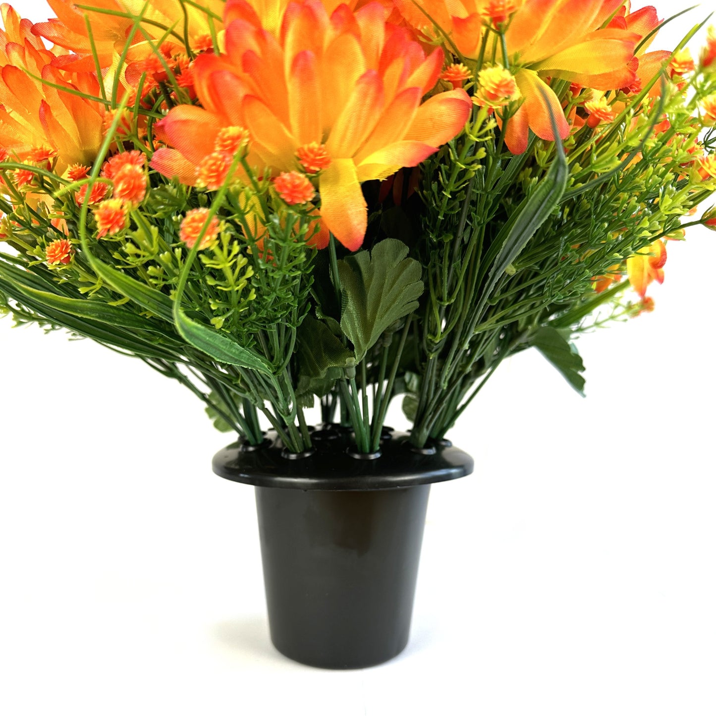 Artificial Orange Chrysanthemum & Gypsophila Flower Grave Pot Arrangement