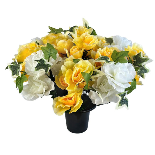 Artificial White and Yellow Rose & Ivy Flower Grave Pot Arrangement