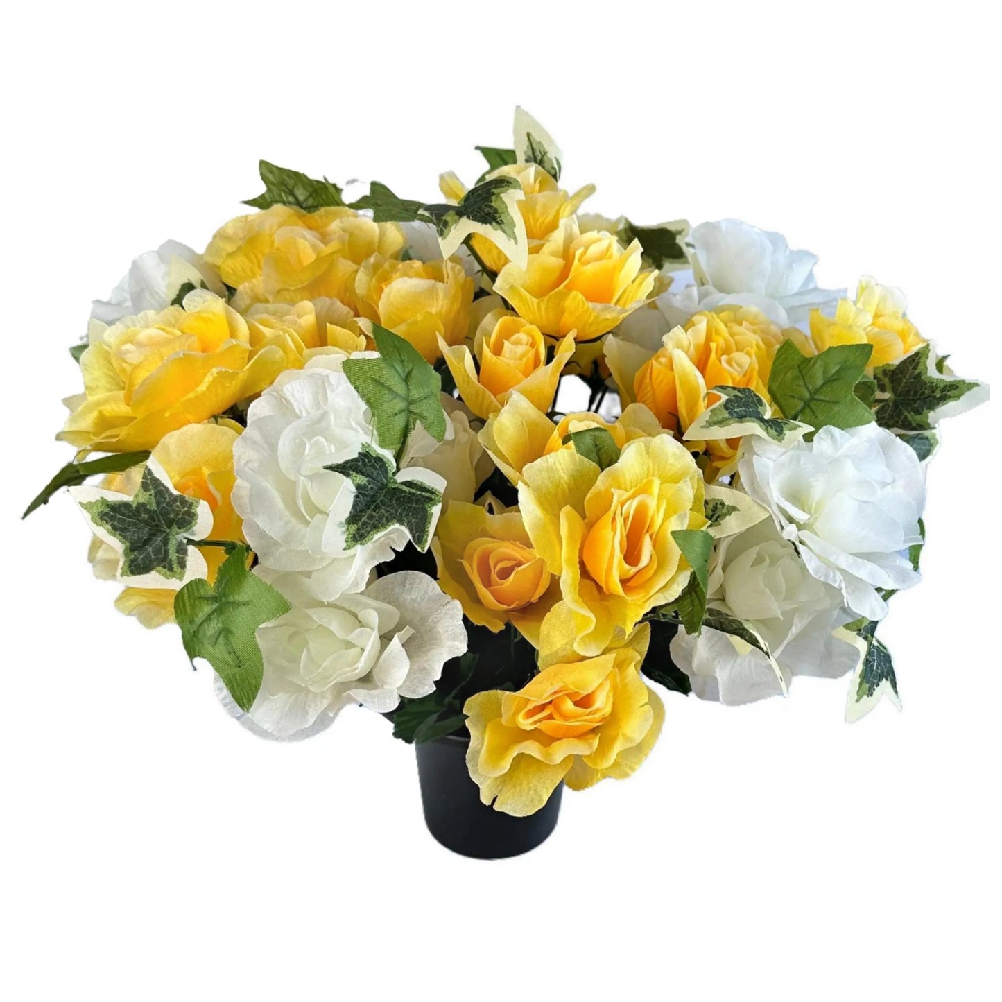 Artificial White and Yellow Rose & Ivy Flower Grave Pot Arrangement