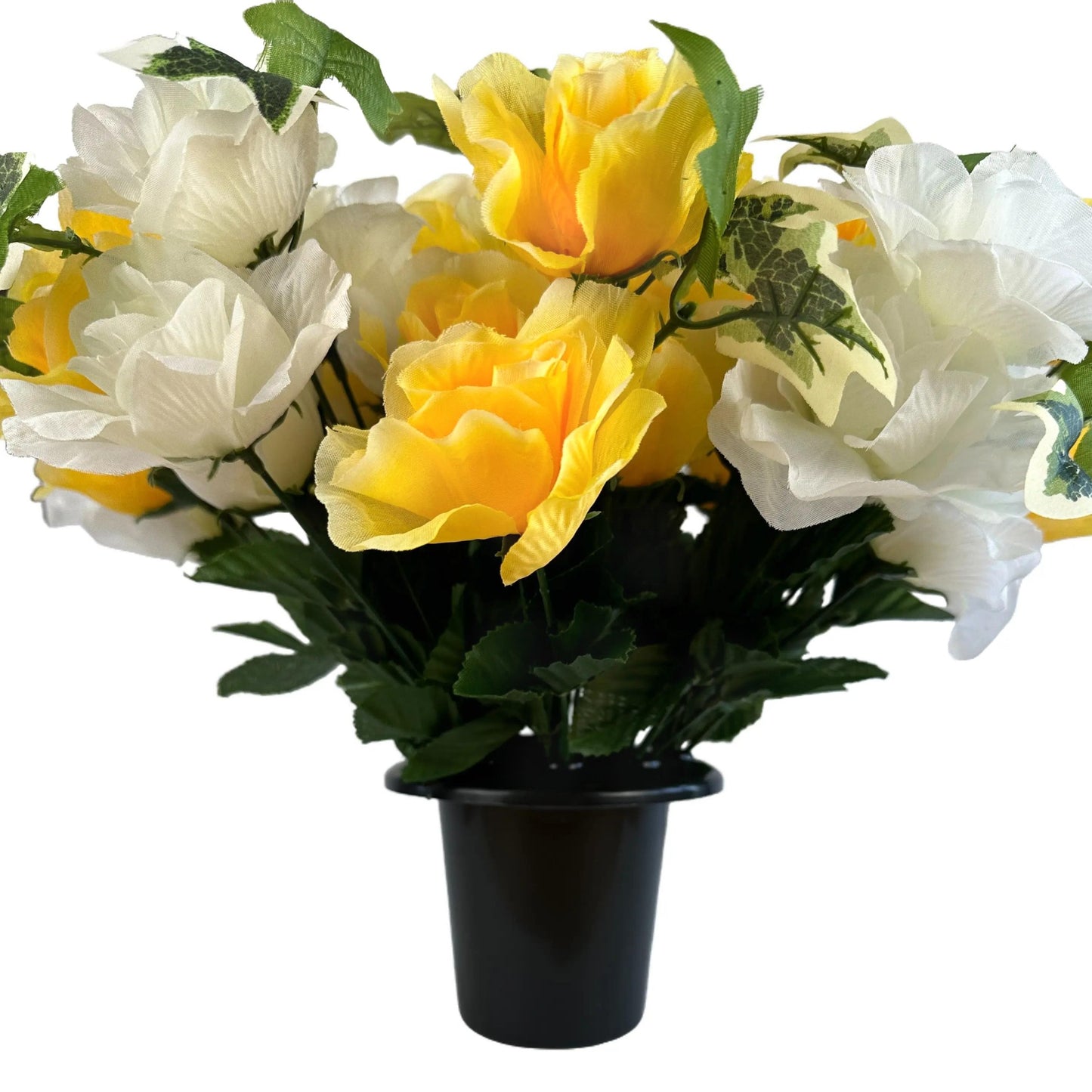 Artificial White and Yellow Rose & Ivy Flower Grave Pot Arrangement