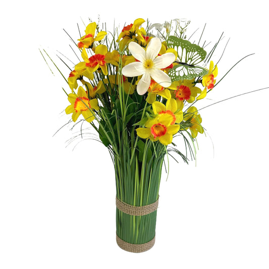 Artificial Grass, Daffodil and Wild Flower Arrangement with Butterflies