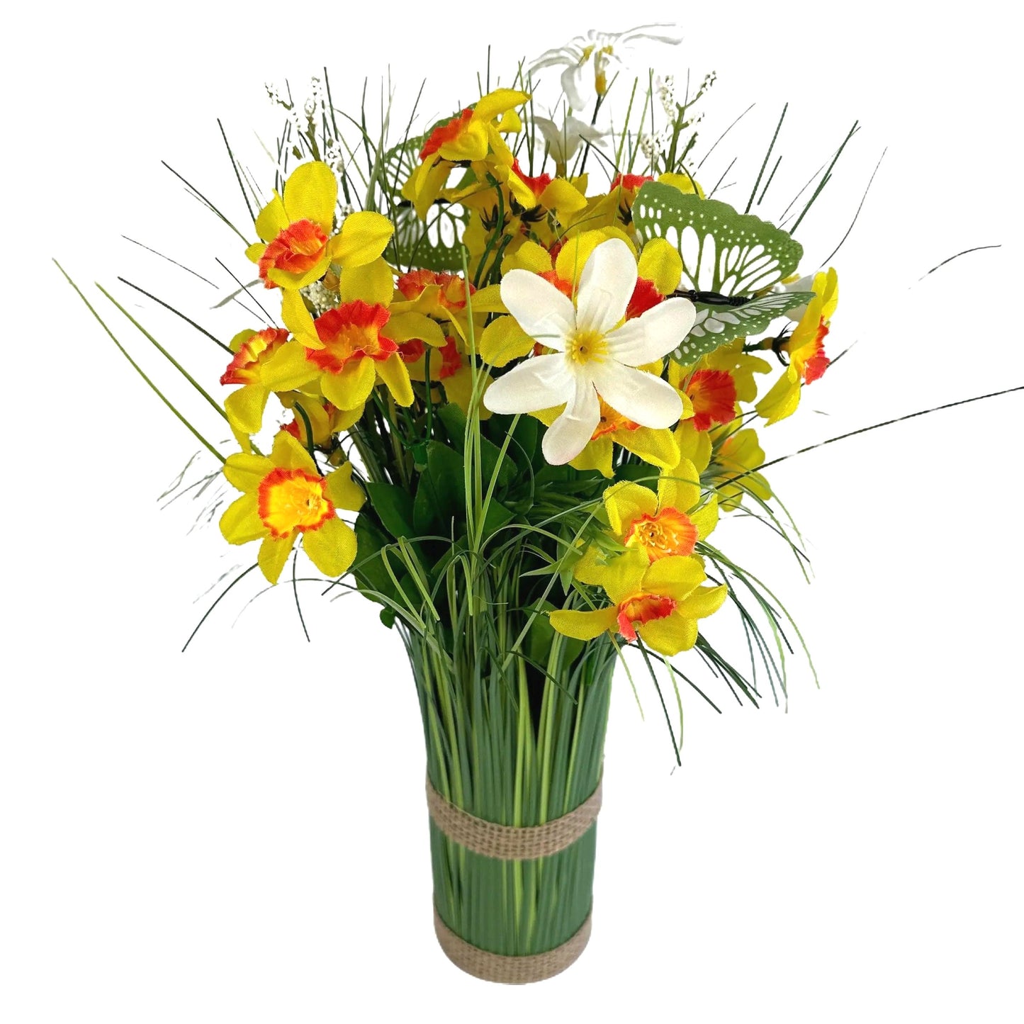 Artificial Grass, Daffodil and Wild Flower Arrangement with Butterflies