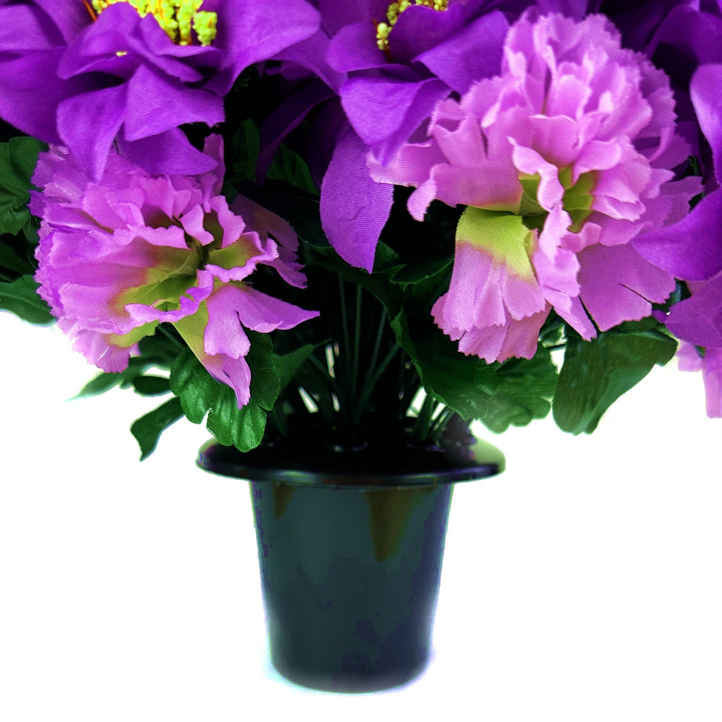 Artificial Purple Zinnia and Carnation Grave Pot Flower Arrangement