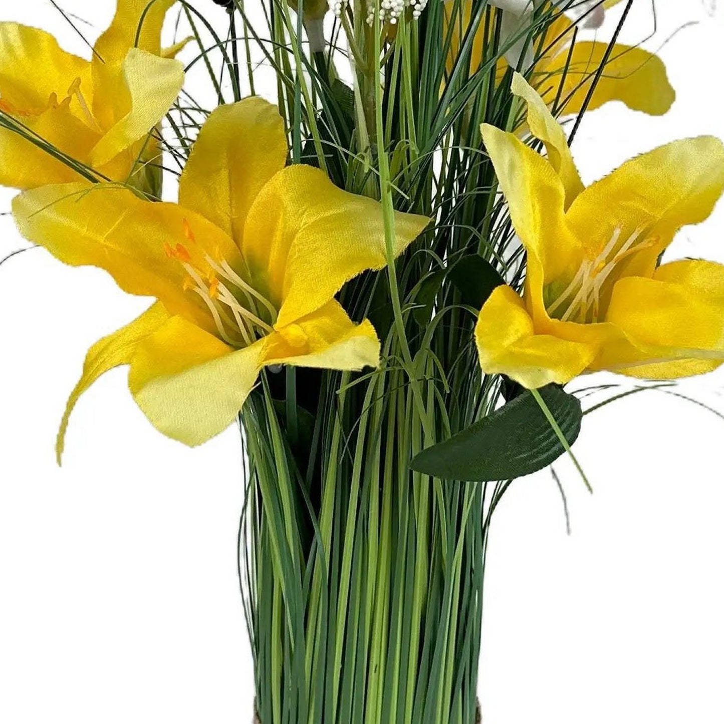 Artificial Grass, Yellow Lily and White Flower Arrangement with Butterflies