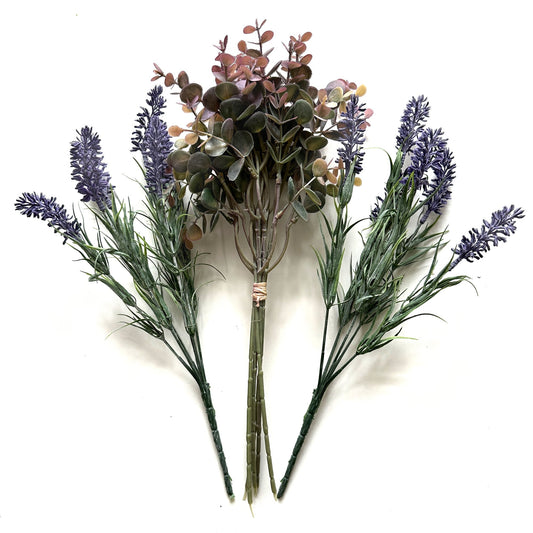 Artificial Plant Flower 3pc Pack - 2 Lavender Bushes & Purple Eucalyptus Bundle