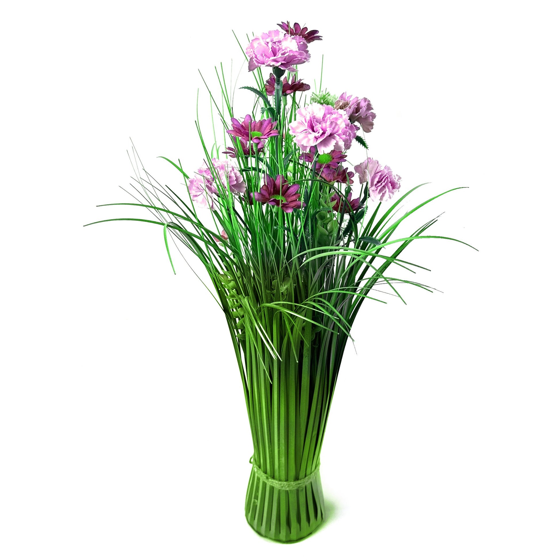 Artificial Grass, Purple Carnations and Wild Flower Arrangement