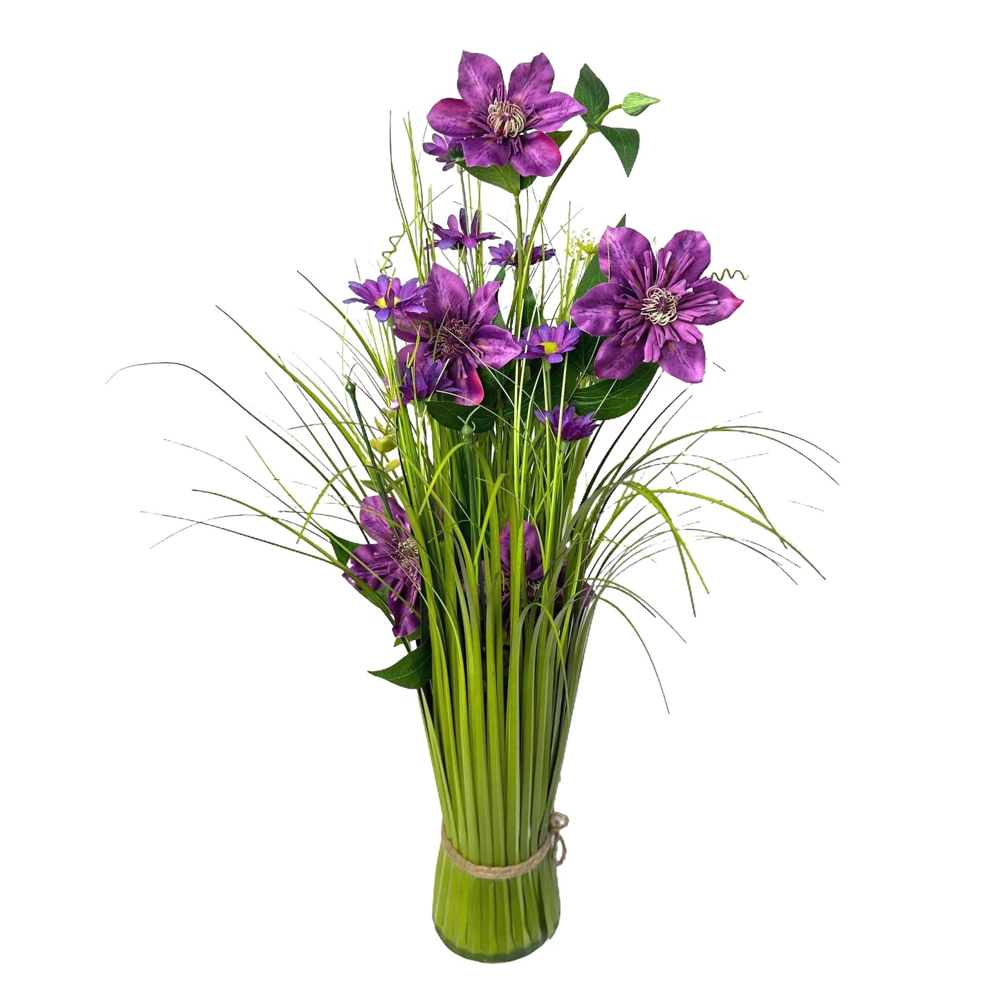 Artificial Grass, Purple Clematis and Wild Flower Arrangement