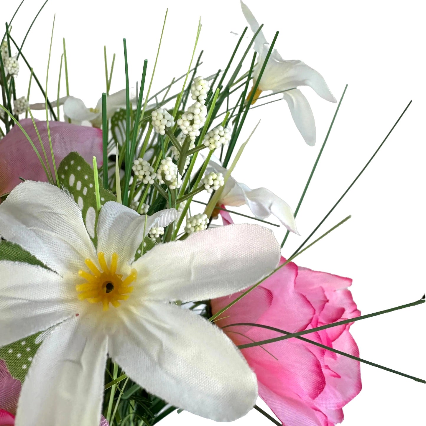 Artificial Grass, Pink Rose and Wild Flower Arrangement with Butterflies