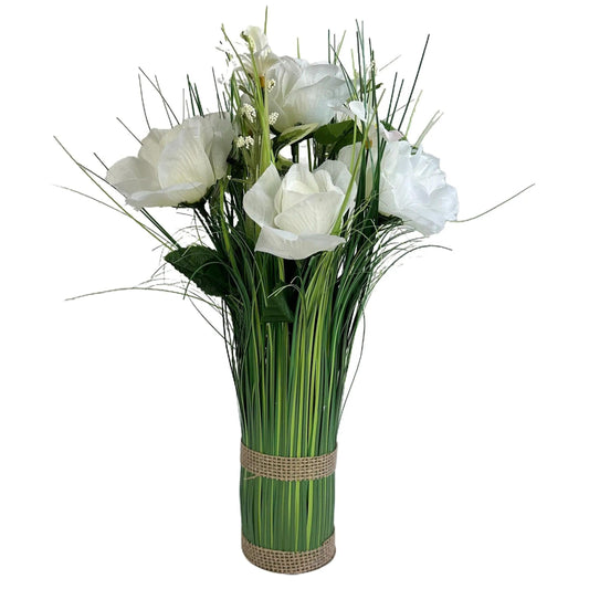 Artificial Grass, White Rose and Wild Flower Arrangement with Butterflies