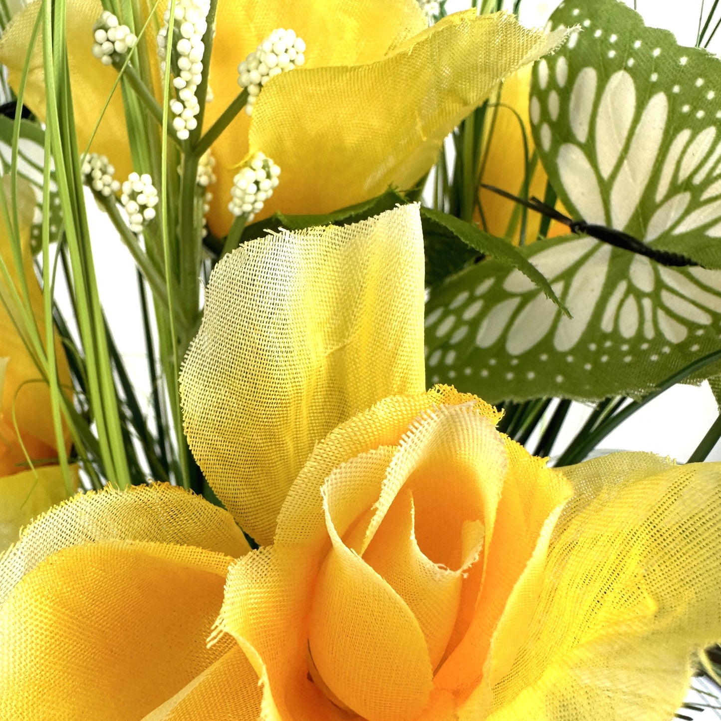 Artificial Grass, Yellow Rose and Wild Flower Arrangement with Butterflies