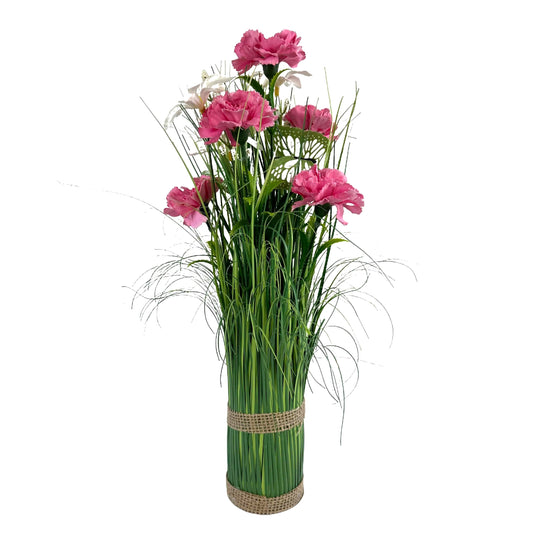 Artificial Grass, Pink Carnation and Wild Flower Arrangement with Butterflies