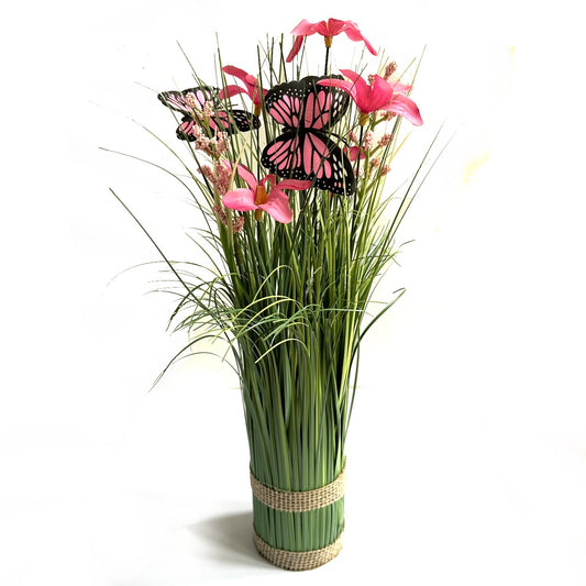 Artificial Grass and Pink Flower Arrangement with Butterflies 35cm