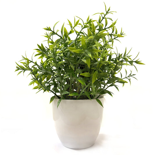 Artificial Tea Leaf Potted Plant in White Plastic Pot