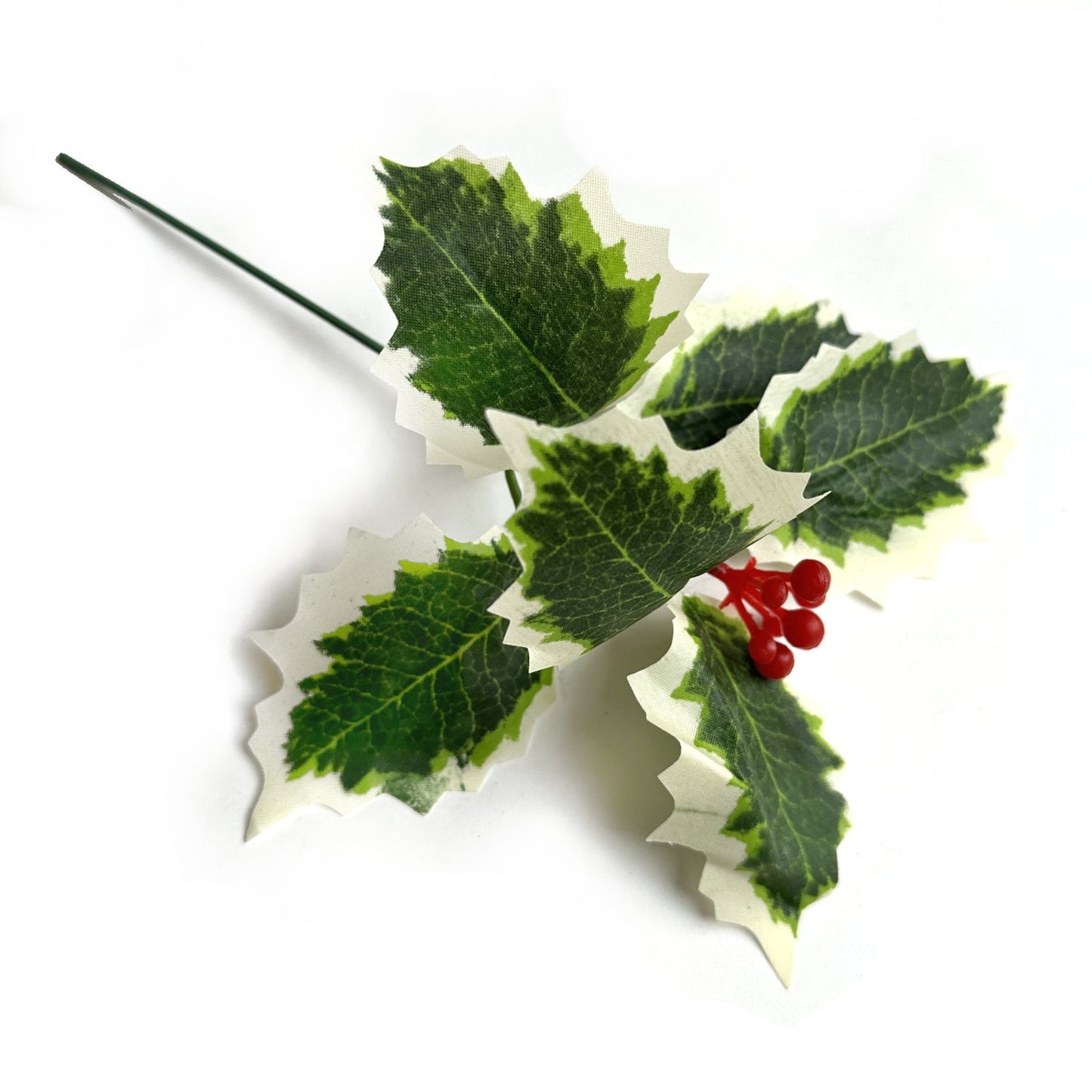 Artificial Holly Pick With Variegated Leaves and Red Berries