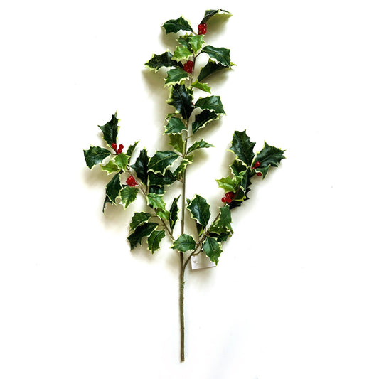Artificial Variegated Holly Branch with Red Berries 51cm