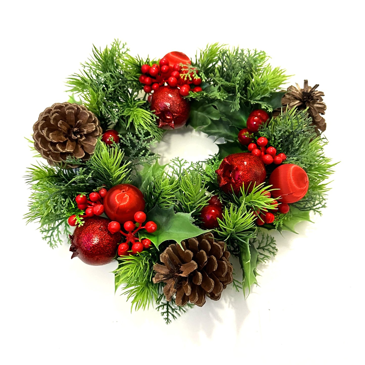 25cm Artificial Pine Wreath With Baubles, Pomegranates and Pinecones