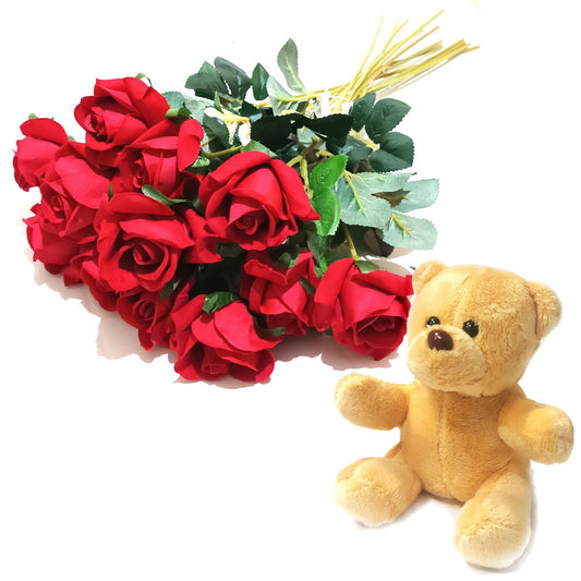 12 Artificial Red Rose Flower Stems With a Teddy Bear