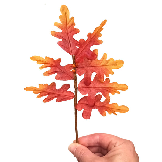 Artificial Oak leaf stem with brown and orange leaves