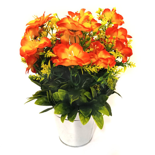 31cm Artificial Orange Cosmos Flowers in Metal Bucket Container