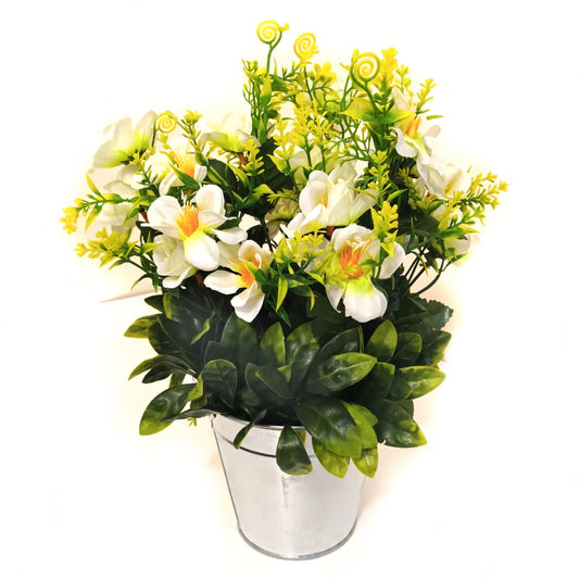 31cm Artificial Ivory Cosmos Flowers in Metal Bucket Container