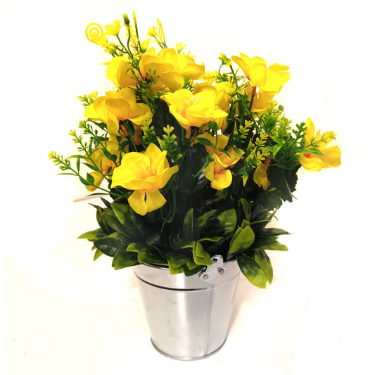 31cm Artificial Yellow Cosmos Flowers in Metal Bucket Container