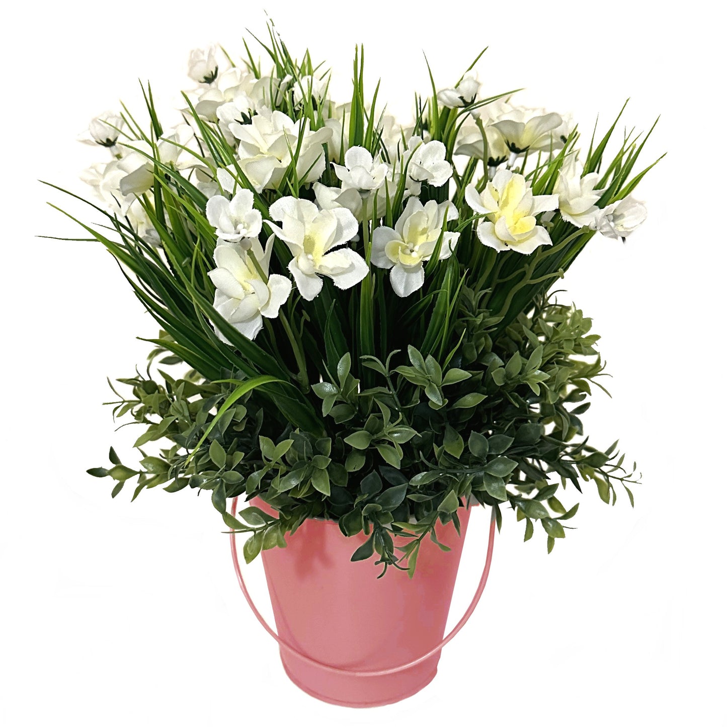 Artificial Grass with White Flowers and Tea Leaf Foliage in a Metal Bucket