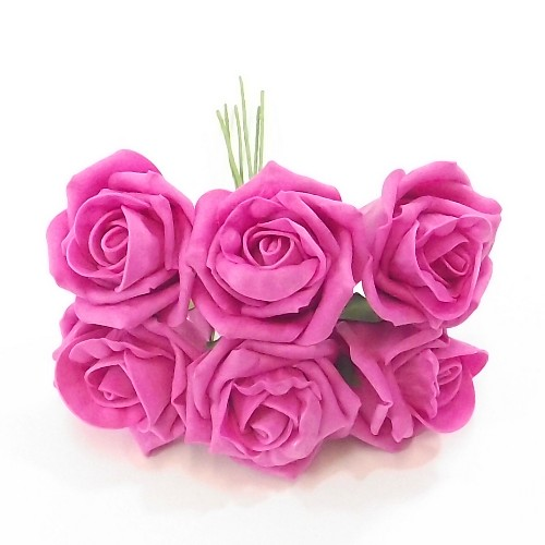 Bundle of 6 Artificial Fuchsia Pink Roses 24cm tall - Foam Colourfast