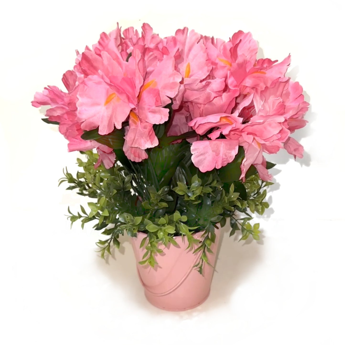 Artificial Pink Iris Flowers and Foliage in Pink Bucket Pot