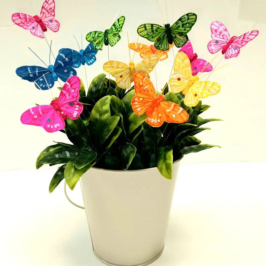 Pack of 12 Butterfly Decorations on 20cm Wire - 6 Assorted Colours