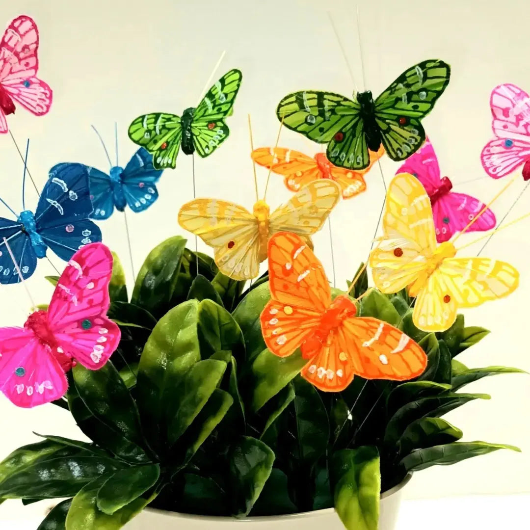 Pack of 12 Butterfly Decorations on 20cm Wire - 6 Assorted Colours