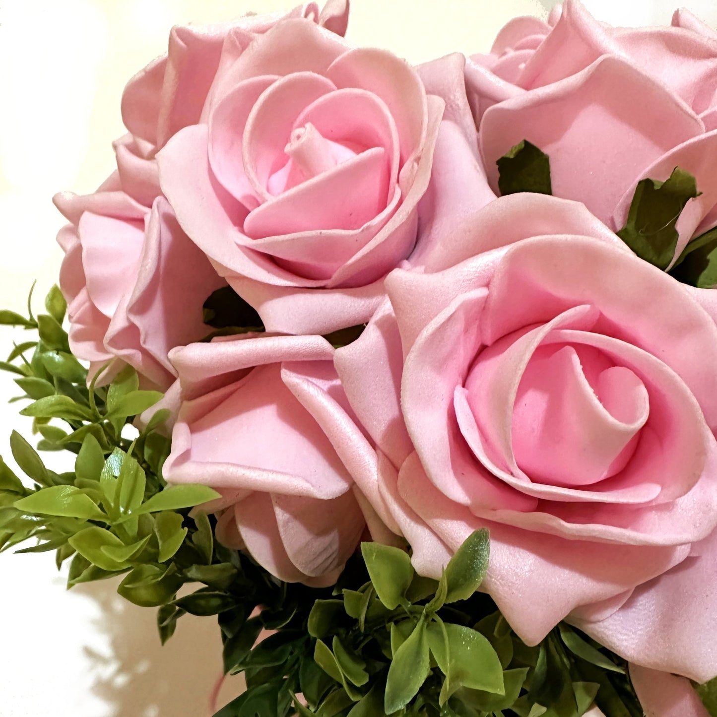 Artificial Pink Roses and Foliage in Pink Bucket Pot