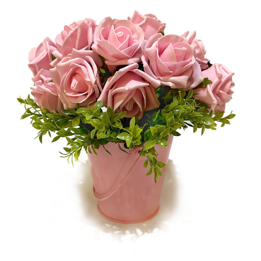 Artificial Pink Roses and Foliage in Pink Bucket Pot